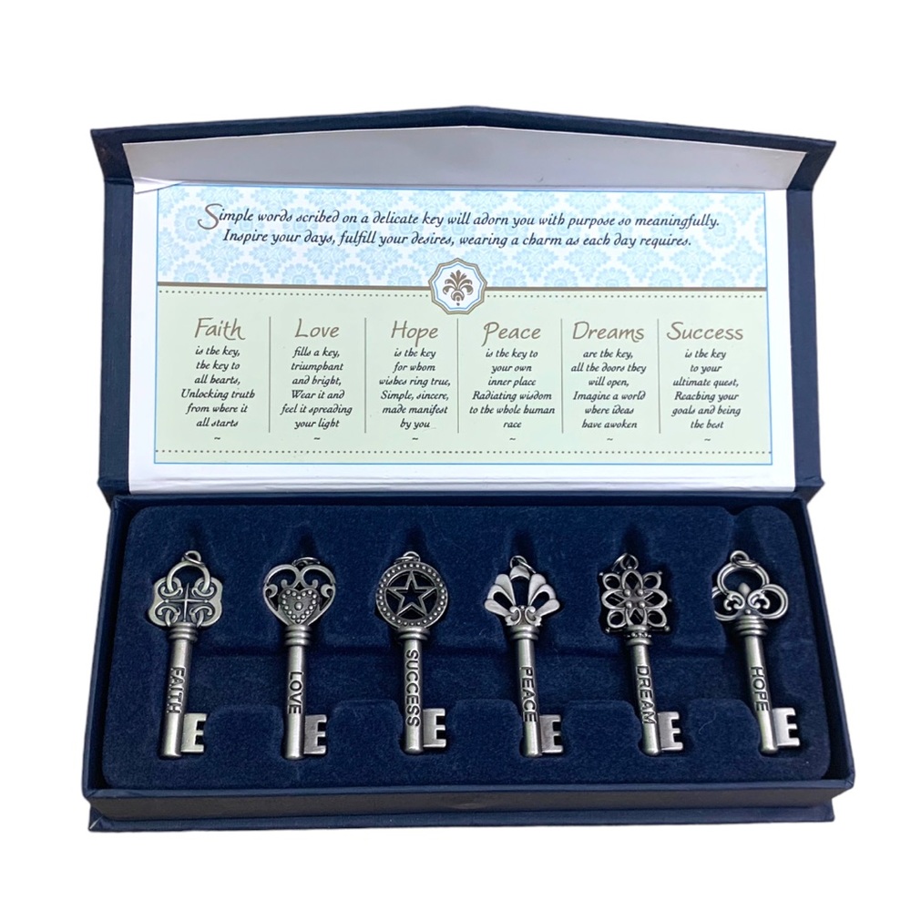NIB Treasured Keys to Life Gothic Crown Jewelry Pendant Charm Set 6 Silver Tone